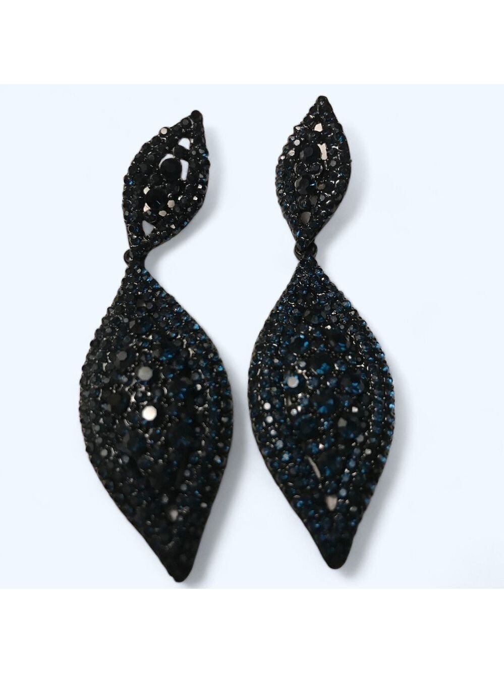 Bella Mera Studio Blue/Black Leaf Drop Dangle Rhinestone Crystal Earrings